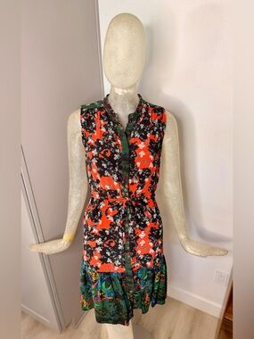 Saloni SILK Tilly Sleeveless Floral Tie-Waist Dress in Red Black & Green. Size 2